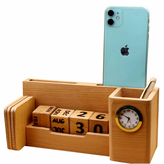 Wooden Desk Organizer 📆 with Calendar & ⏰ Clock | Pen & Card Holder.