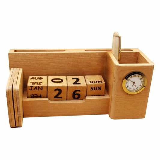 Wooden Desk Organizer 📆 with Calendar & ⏰ Clock | Pen & Card Holder.